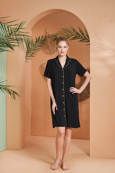 Pjs Pijama Pjs 27043 Γυναικείο νυχτικό με κοντό μανίκι ριγέ μπροστά με κουμπιά