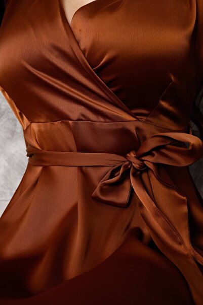 EsSo butik New Season Double Breasted Collar Belted Premium Satin Dress