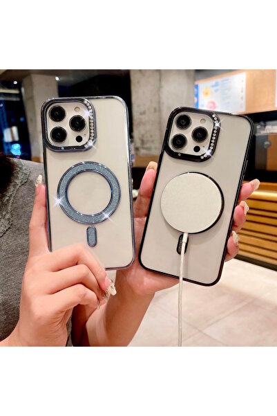 m.tk moveteck İphone 16 Pro Max Kılıf Kamera Çıkıntılı Parlak Şeffaf Magsafe Kenarları Taşlı Parıltılı Simli Taşlı