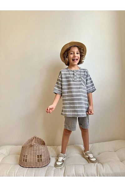 YİGİT BUTİK Yigit Butik Linen Fabric Boy's Shorts Suit
