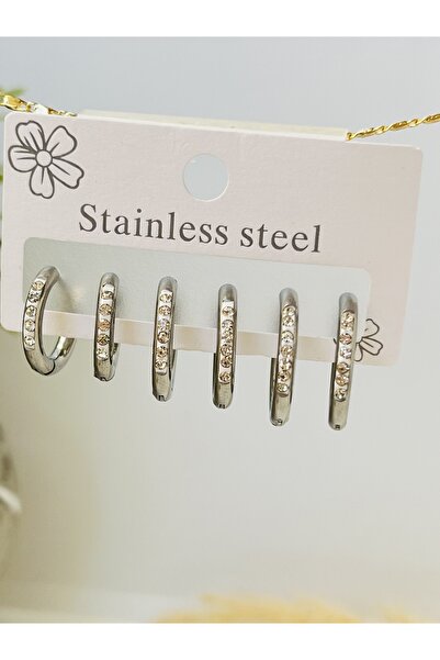 hbtasarim ÜÇLÜ SET ÇELİK GOLD RENK ZİRCON TAŞLI HALKA KÜPE 12 MM - 15 MM - 18 MM