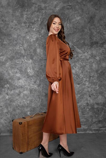 EsSo butik New Season Double Breasted Collar Belted Premium Satin Dress