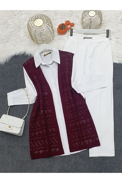 Modamorfo Openwork Patterned Zero Sleeve Knitwear Cardigan - Burgundy