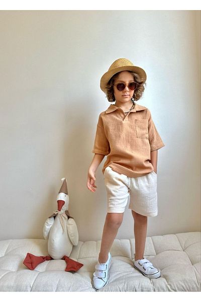 WİKİBOOM Caca Muslin Fabric Bottom Top Boy's Summer Suit