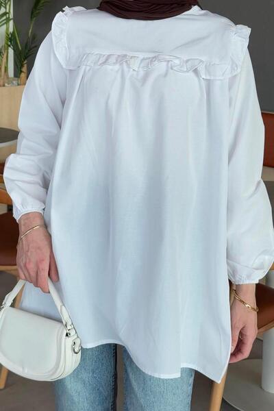 lamelif White Crew Neck Shoulder Ruffle Tunic