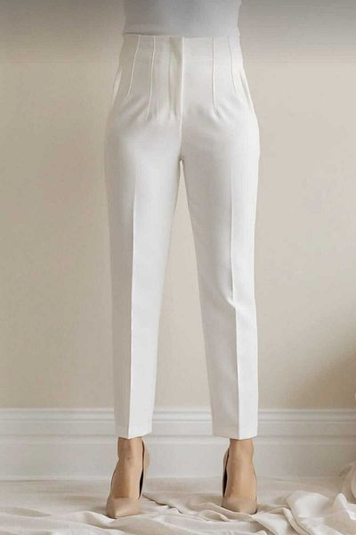 Mrs.idea White Flat Front High Waist Fabric Trousers