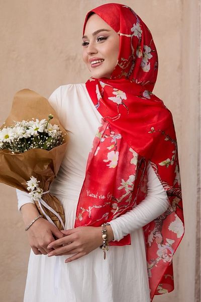 Merve Nayir Van Gogh Pattern Double Sided Imported Voile Silk Shawl 75 X 190 cm
