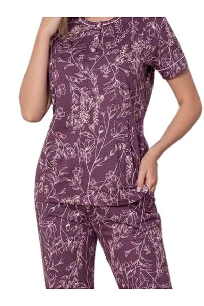 ALİMER Women's Flower Pattern Crew Neck 3 Buttons Short Sleeve Pocket Pajama Set