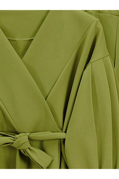 Modamorfo Belted Waist Cross Collar Balloon Sleeve Suit - Fat Green