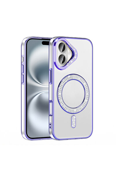 m.tk moveteck İphone 16 Kılıf Kamera Çıkıntılı Parlak Şeffaf Magsafe Kenarları Taşlı Parıltılı Simli Taşlı