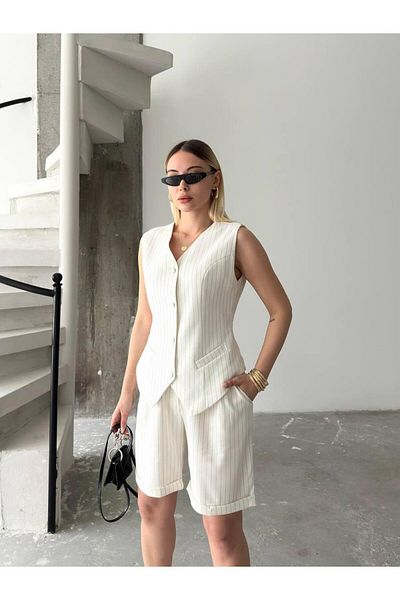 Cistern İstanbul طقم شورت نسائي مخطط بأزرار أمامية من إكرو مكون من قطعتين