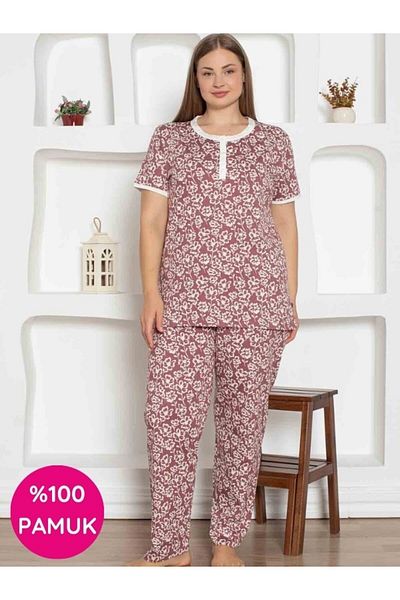 bie's Women's Flower Pattern Crew Neck 3 Button 100% Cotton Combed Thin Summer Short Sleeve Pajama Set