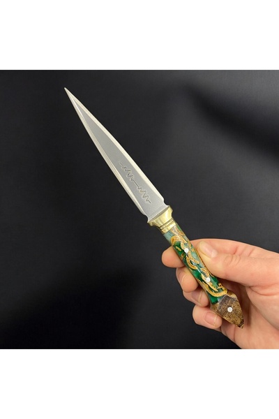 Mizan Outdoor Çerkes Kaması Bıçak El Yapımı Çift Ağız Kamp Av Kılıflı Epoksi Yeşil- Kişiye Özel İsim