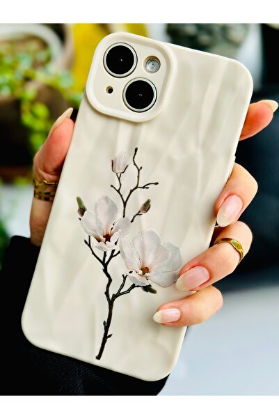 Go Aksesuar Iphone 13 ve 14 Uyumlu 3d Kağıt Manolya Baskı Desenli Silikon Kılıf