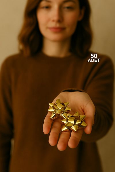 OLİ Art Gold Adhesive Raffia 50 Pcs Bow Raffia Star Self Adhesive Star