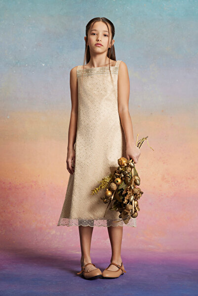 Augie Leauphant Altın Rengi Dantel Helenistik Elbise