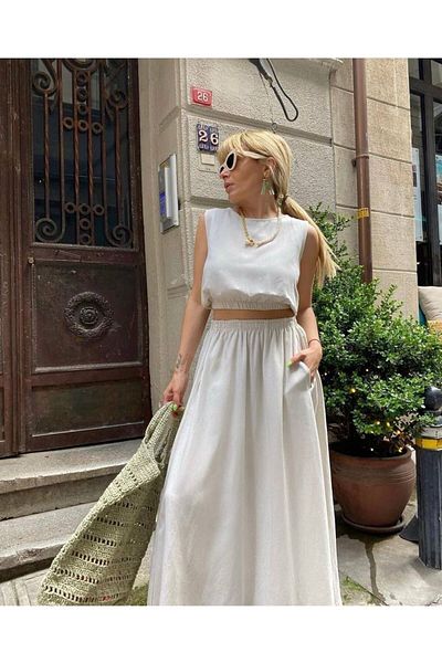 Natavanbutık Elastic Cropped Skirt Linen Suit