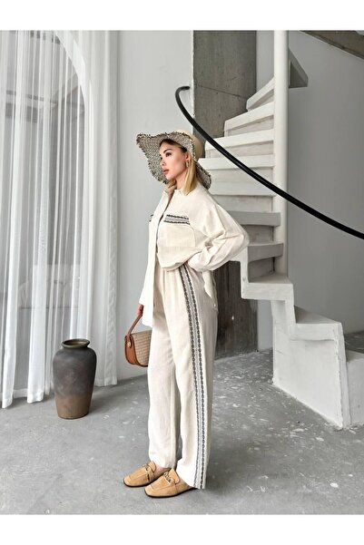 Cistern İstanbul Women's Cream Stripe Detailed Shirt, Pants and Linen Set