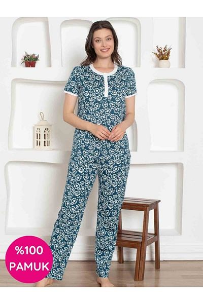 ALİMER Women's Flower Pattern Crew Neck 3 Button 100% Cotton Combed Thin Summer Short Sleeve Pajama Set