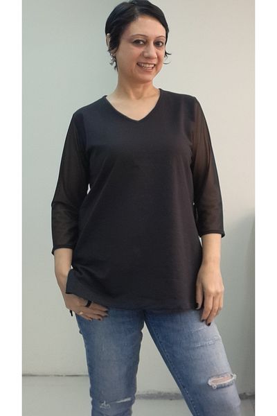 Mertcan Butik Black V-Neck Sleeve Tulle Three-Quarter Sleeve Combed Viscose T-Shirt
