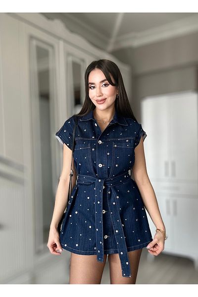 AB LOOKS Women's Navy Blue Silver Staple Detailed Waist Belted Premium Jean Denim Design Denim Vest