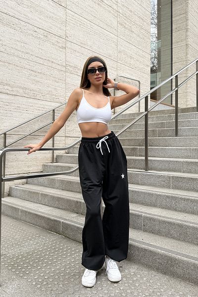 Sun Victoria Women's Black Adjustable Elastic Star Detailed Sweatpants