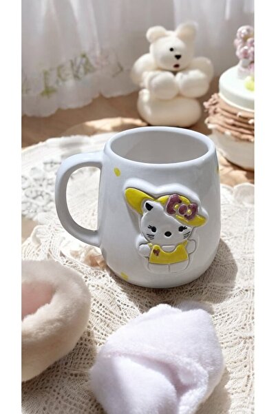 seda seramik EL YAPIMI KABARTMALI ŞAPKALI HELLO KITTY KUPA BARDAK 400 ML