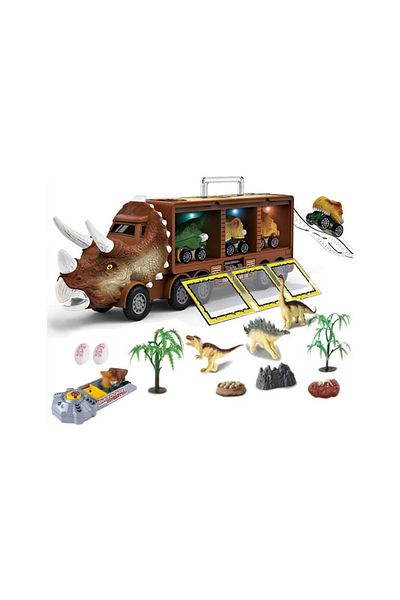 Zumzeria Camion Dinozaur Triceratops cu Masinute si Figurine Set Jucarii Copii cu Dinozauri, 37.5x10x16.5 cm