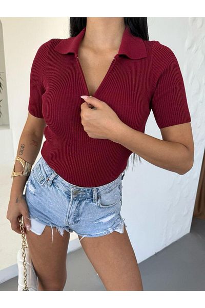 Cistern İstanbul Women's Burgundy Zipper Detailed Short Sleeve Ribbed Knitwear Blouse