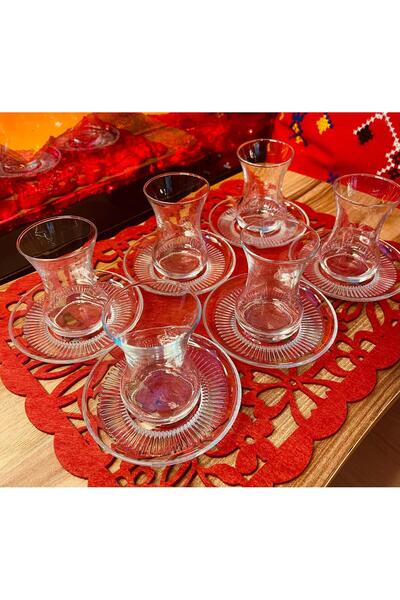 EVİM GÜZELLİK Lav Buket 12 Parça Çay Seti / 6 kişilik (6 Çay Bardağı+ 6 Çay T...