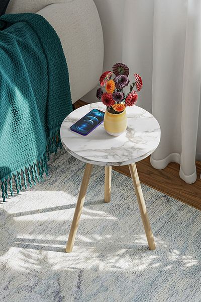 interGO 1 Pieces Coffee Table Wooden Legs Round - White Marble Pattern