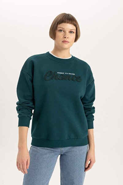 DeFacto Χοντρό φούτερ Relax Fit Crew Neck με στάμπα B6586ax23wn