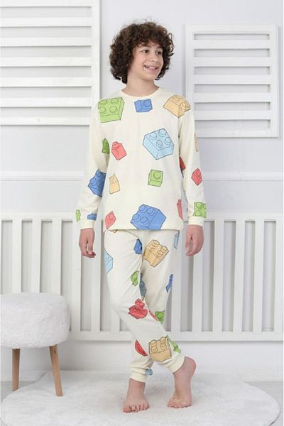 Yağmur Giyim Isob Ecru Patterned 100% Cotton Boys Short Sleeve Pajama Set 8-13 Years 41505-E