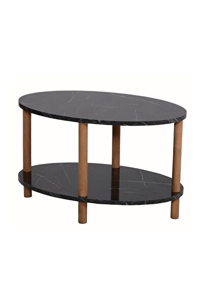 interGO Center Table Elliptic Wooden Legs - Black Marble Pattern