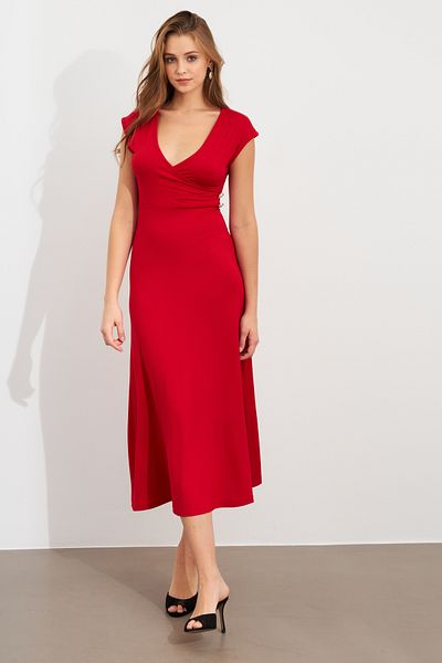 Cool & Sexy Women's Red Button Detailed Double Breasted Midi Dress Ey0011