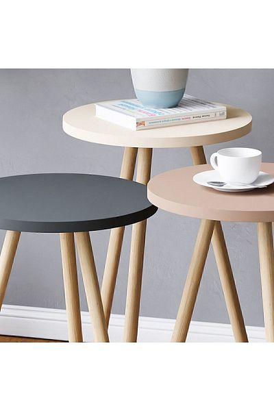 interGO 3 Pieces Coffee Table Wooden Legs Round - Gray / Cream / Cappuccino