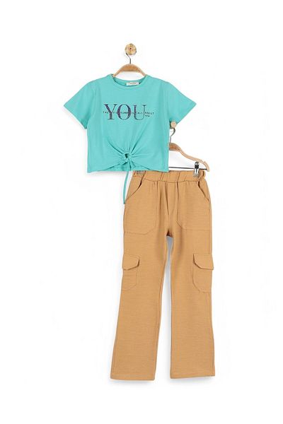 Ege Bebek Girl 6-7-8-9-10 Years Old Summer Cargo Pocket Linen Pants Bottom Top Set