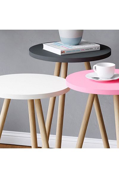 interGO 3 Pieces Coffee Table Wooden Legs Round - Pink / White / Gray
