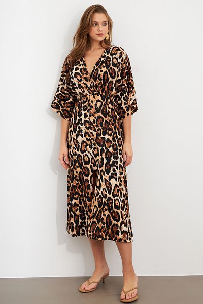Cool & Sexy Rochie midi leopard dublu piept Camel-Negru pentru femei KAB306