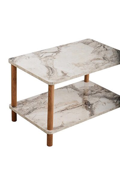 interGO Center Table Rectangular Wooden Legs - White Marble Pattern