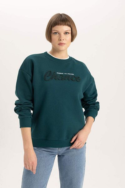 DeFacto Χοντρό φούτερ Relax Fit Crew Neck με στάμπα B6586ax23wn