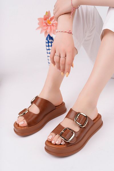 BAHRİNA Women's Double Buckle Slippers - Tan Skin Gold Buckle