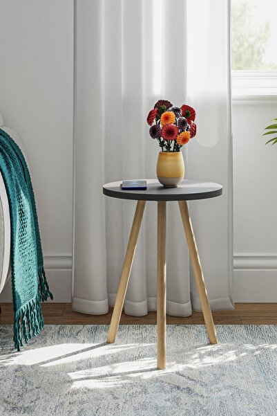 interGO 1 Pieces Coffee Table Wooden Legs Round - Gray