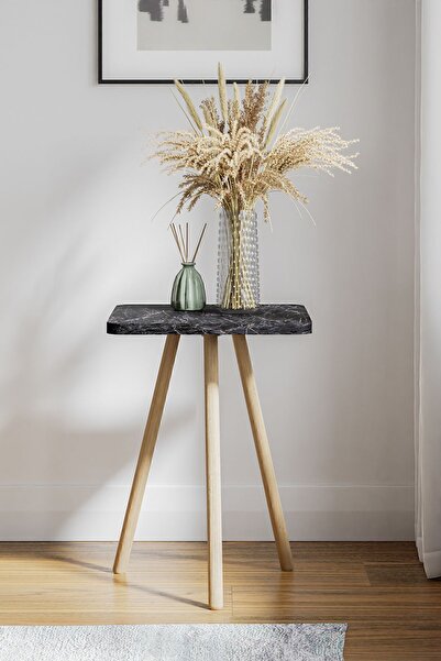 interGO 1 Pieces Coffee Table Wooden Legs Square - Black Marble Pattern