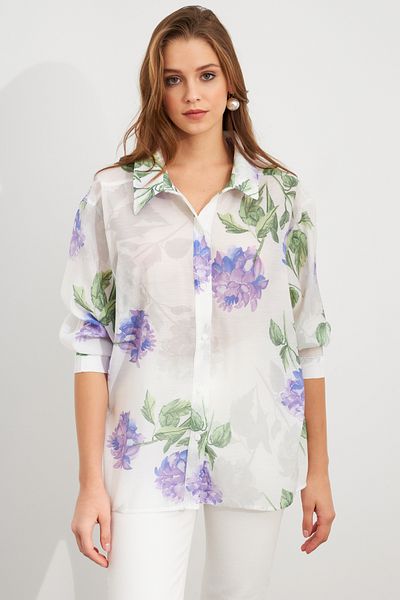 Cool & Modest Cămașă subțire de in cu model de flori violet pentru femei MCAR1068