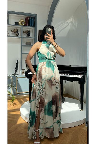 NIDAFASHION Halter Neck Slit Lined Patterned Chiffon Dress