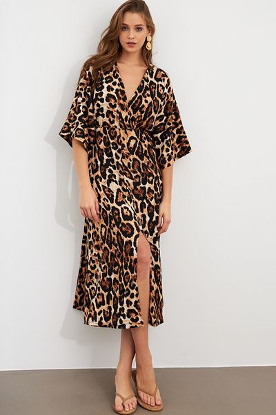 Cool & Sexy Rochie midi leopard dublu piept Camel-Negru pentru femei KAB306