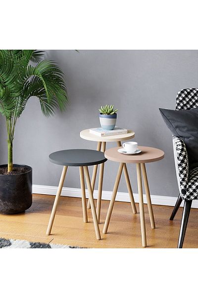 interGO 3 Pieces Coffee Table Wooden Legs Round - Gray / Cream / Cappuccino
