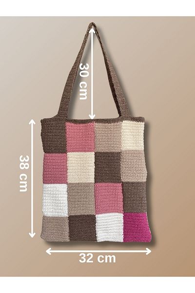 MELUSH Brown and Pink Checkered Knitted Bag Knitted Tote Bag Large Shoulder Bag