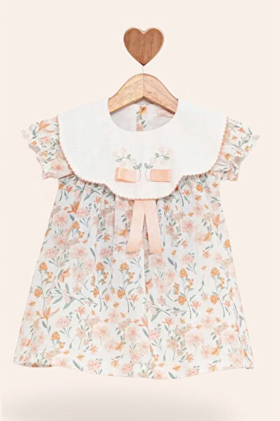 damdamin %100 Pamuklu Kız Bebek Çiçek Desenli Nakışlı Önlük Yaka & Karpuz Kol...